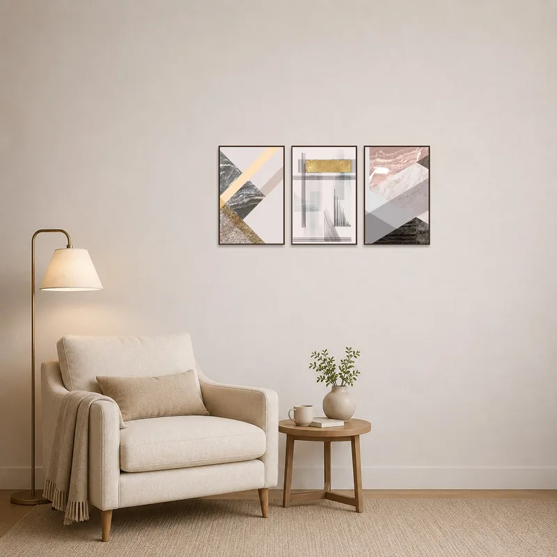 Geometric abstract triptych art enhancing a cozy reading corner.