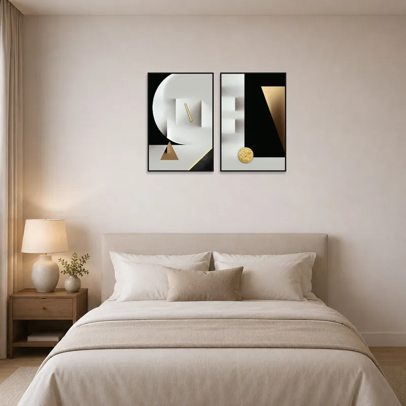 Gold-accented geometric art set beautifies a cozy bedroom setting.