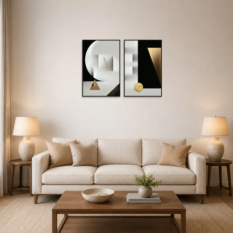 Contemporary geometric art set with gold accents displayed above a modern living room sofa.