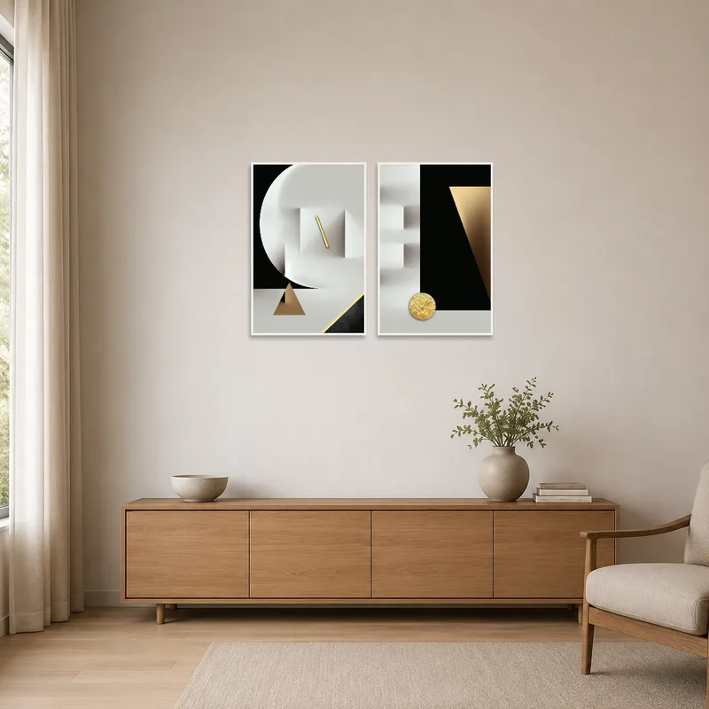 Geometric art set with gold accents on a minimalist white wall.