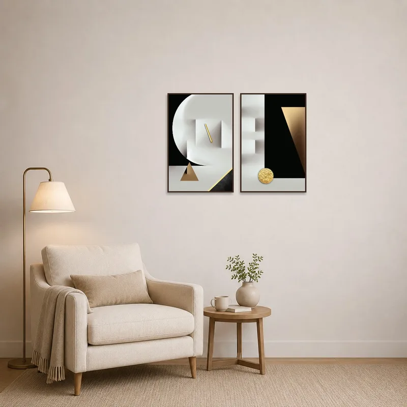 Geometric art set featuring gold highlights adorns a peaceful reading corner.