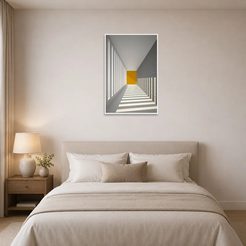 A serene bedroom features geometric art casting subtle shadow illusions.