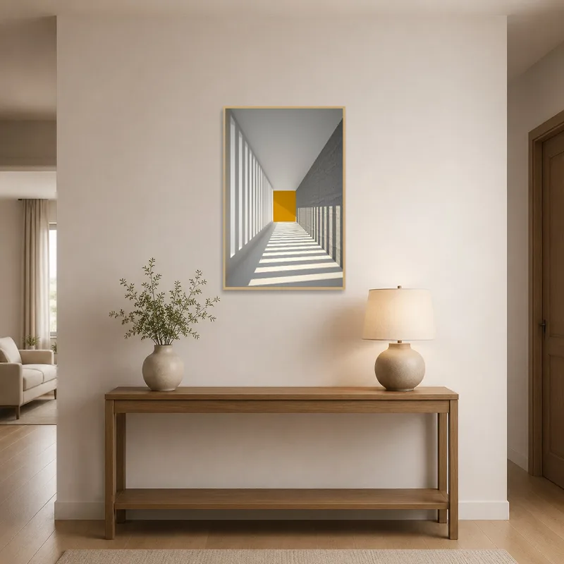 Geometric shadow play art greets with intrigue in a chic entrance hall.