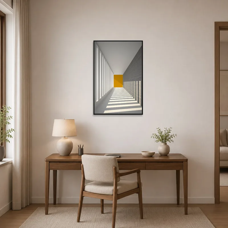 Contemporary geometric art sharpens the professional look of a home office.