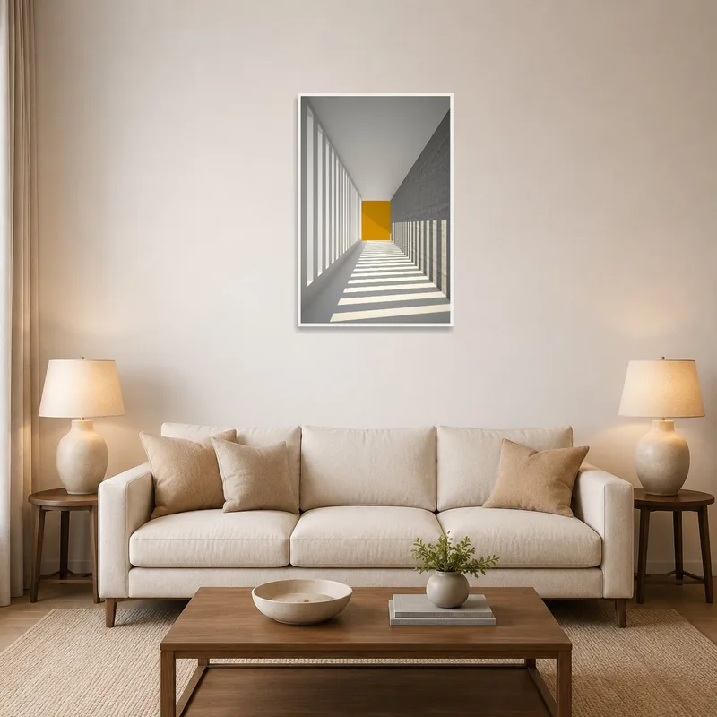 Contemporary geometric art adds modern flair above a sleek living room sofa.
