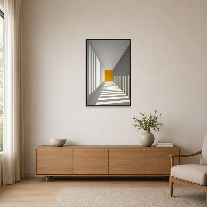 Minimalist room enhanced by shadow play art offering clean, understated visuals.