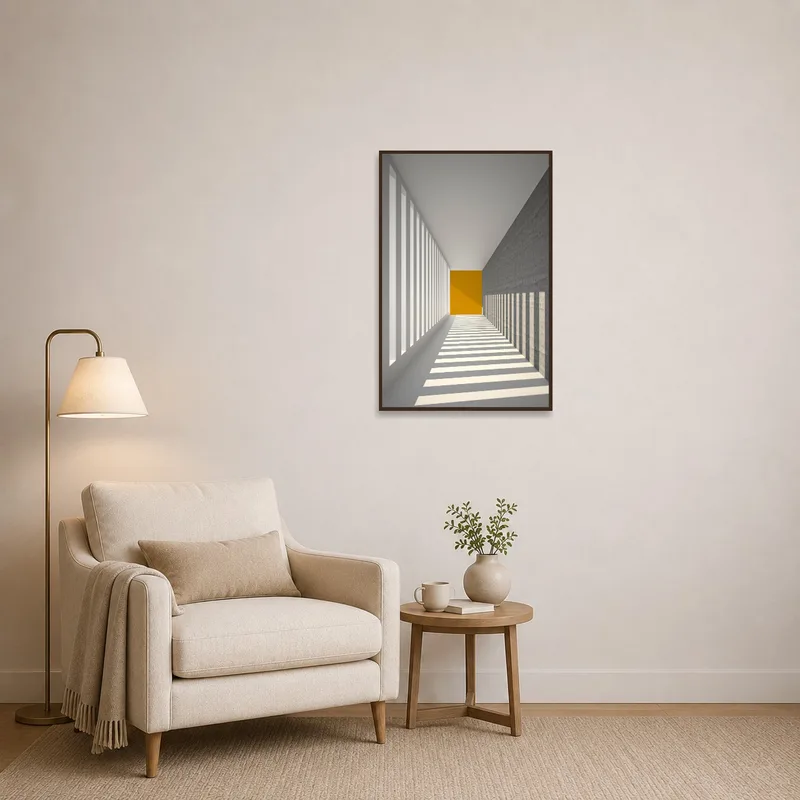 Artwork of geometric forms enriches the cozy ambiance of a reading corner.