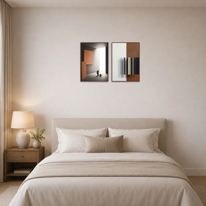 Contemporary art set above a bed in a tranquil bedroom setting.