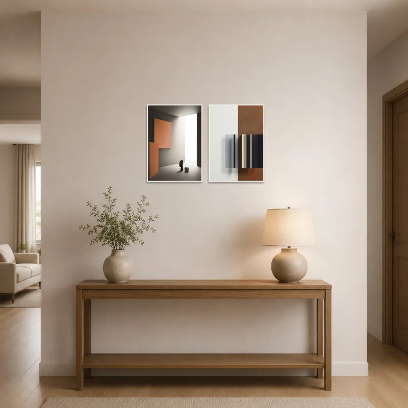 Abstract art set displayed in an entrance hall, offering a modern welcome.