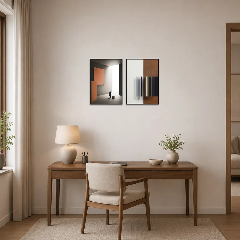 Minimalist abstract art set enhancing a creative home office space.