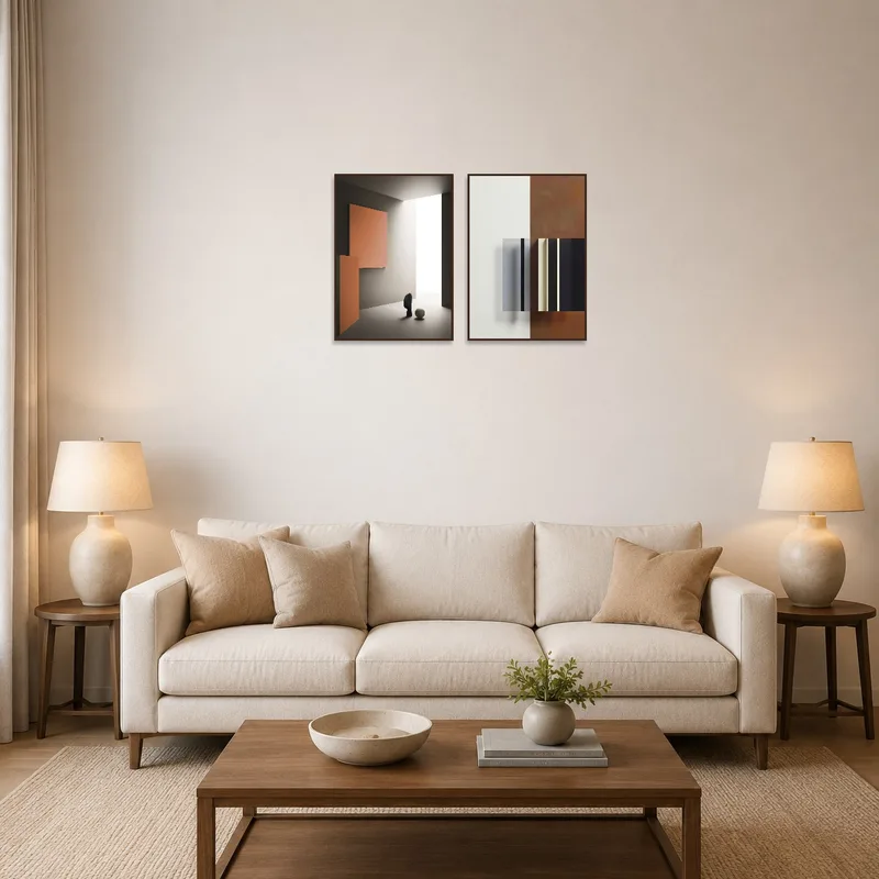 Contemporary Minimalist Abstract Art Set on a living room wall above a modern sofa.