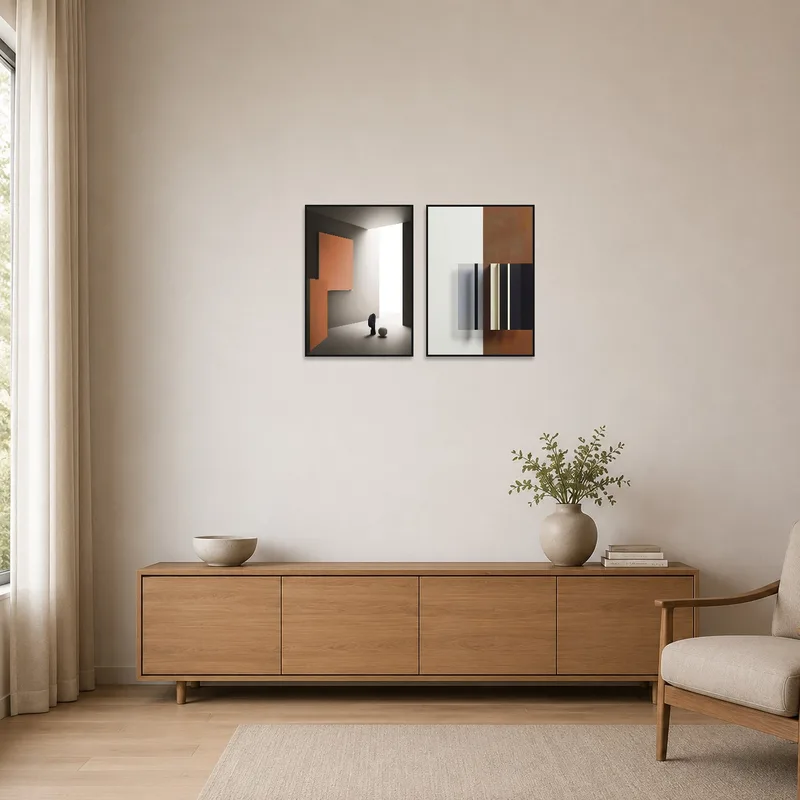 Minimalist room showcasing abstract artwork with clean lines and neutral tones.