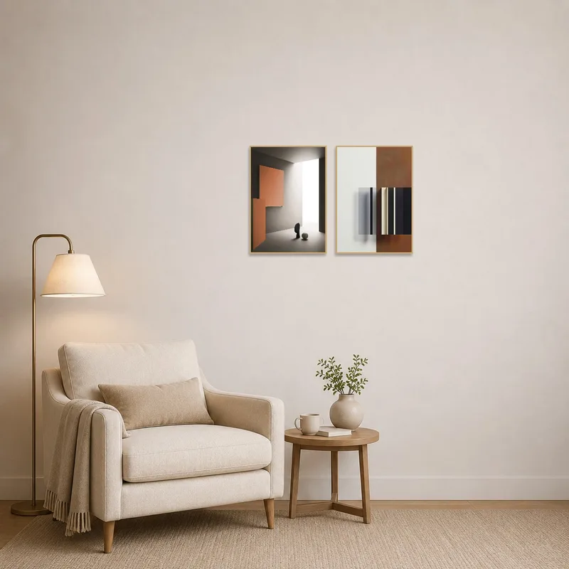 Stylish abstract art set in a reading corner, adding a touch of elegance.