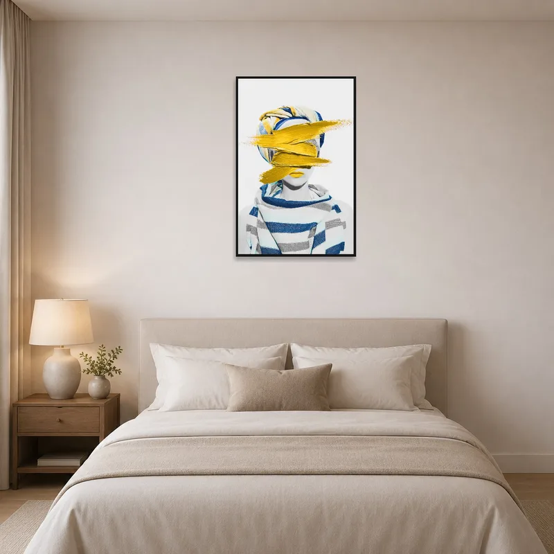 Contemporary portrait with a bold yellow accent enhancing a serene bedroom ambiance.
