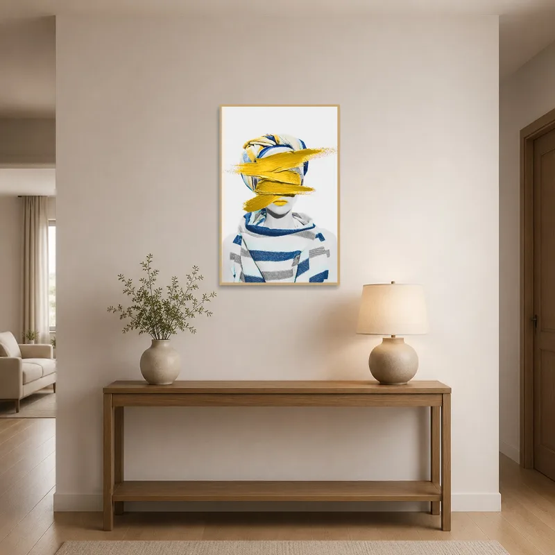 Contemporary portrait with yellow accent welcoming guests in an entrance hall.