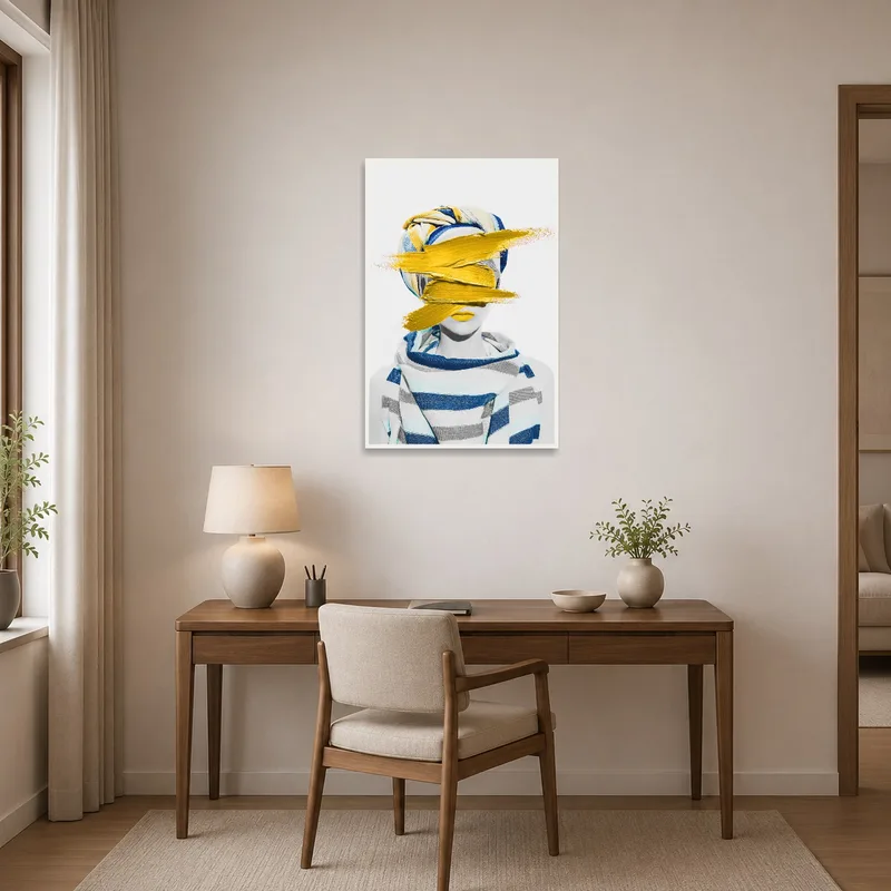 Contemporary portrait with yellow accent bringing energy to a home office space.