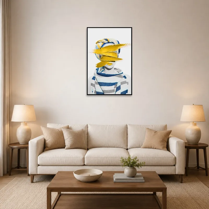 Contemporary portrait with yellow accent displayed above a modern living room sofa.