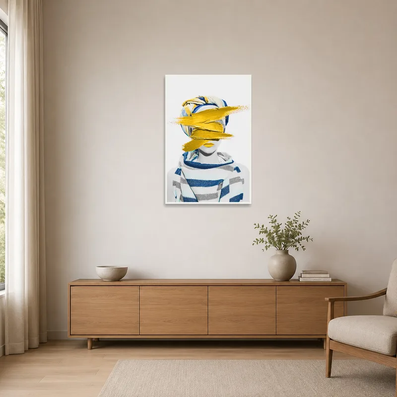 Contemporary portrait with bold yellow accent on a minimalist white wall.