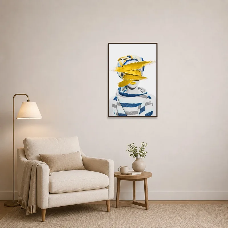 Contemporary portrait with yellow accent adds interest to a cozy reading nook.