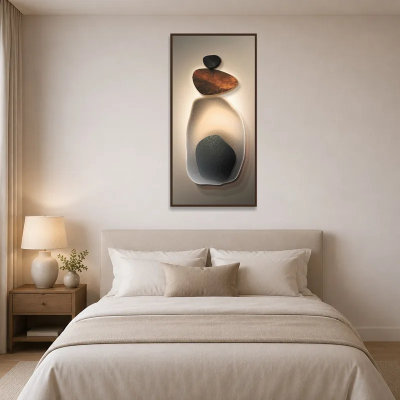 Abstract art of stacked stones brings elegance to a bedroom setting.