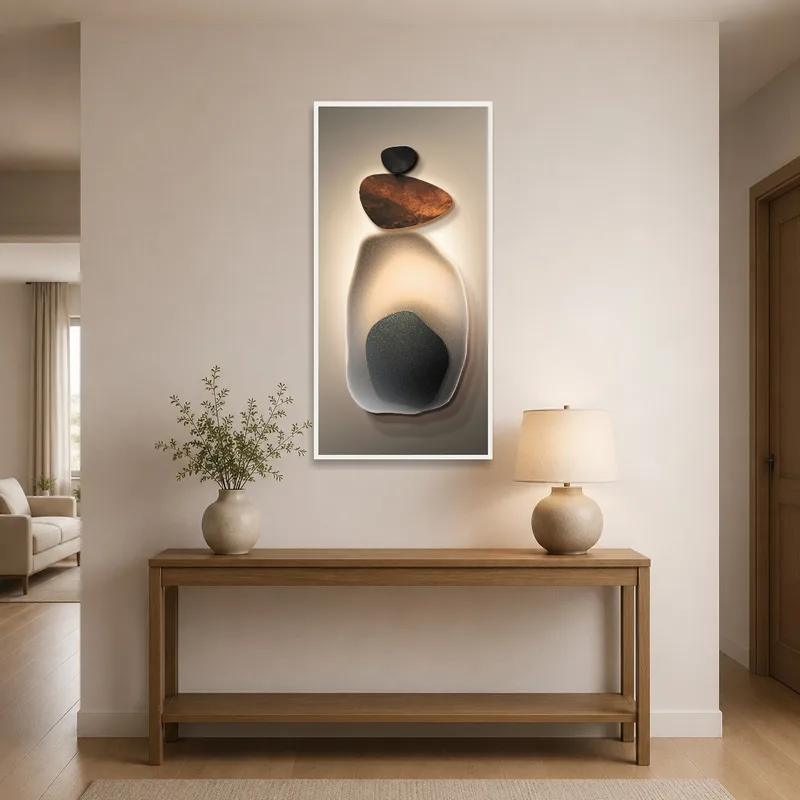 Entrance hall featuring a modern stacked stones art print.