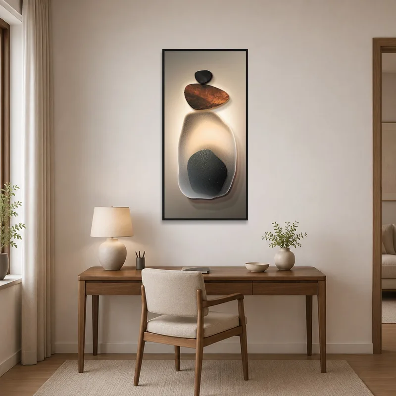 Home office displaying a stylish stacked stones art print.