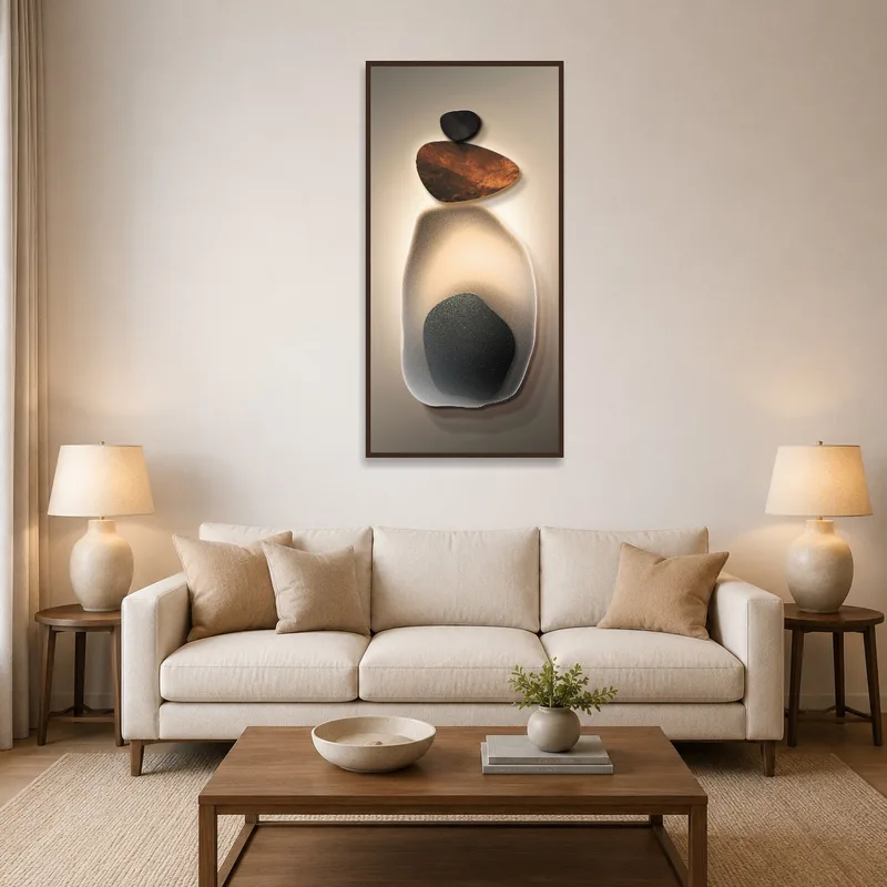 Contemporary art of stacked stones on the wall of a stylish living room.