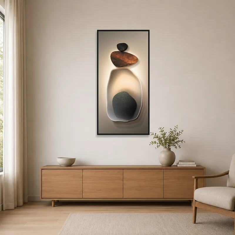 Stacked stones art print enhances a minimalist interior.