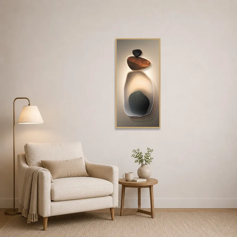 Reading corner adorned with a contemporary stacked stones art piece.