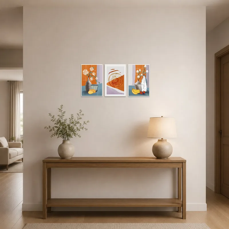 Entrance hall featuring a still life and abstract art set welcoming guests.