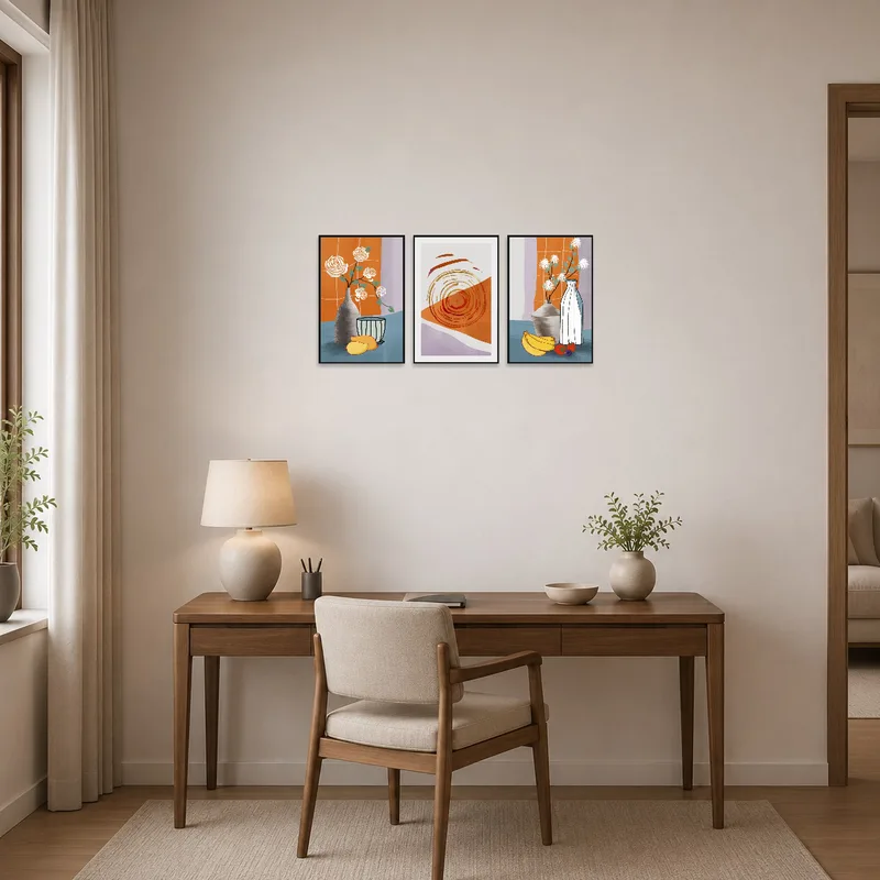 Home office displaying an inspiring still life and abstract art set.