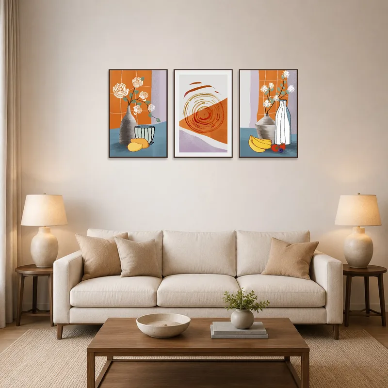 A still life and abstract art set adorns a modern living room wall.