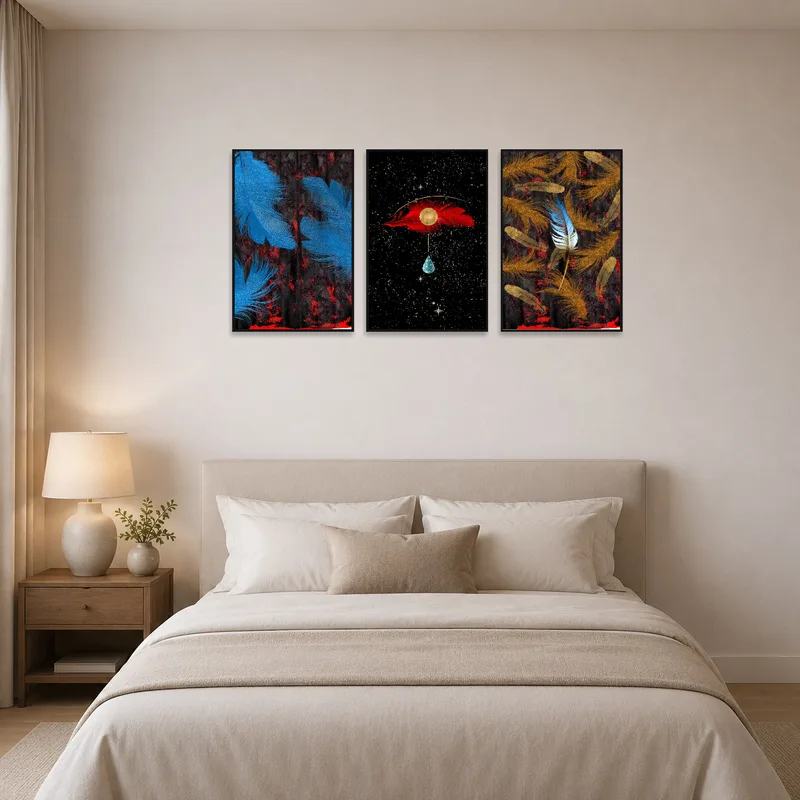 A cosmic feather triptych creates a focal point in a serene bedroom.