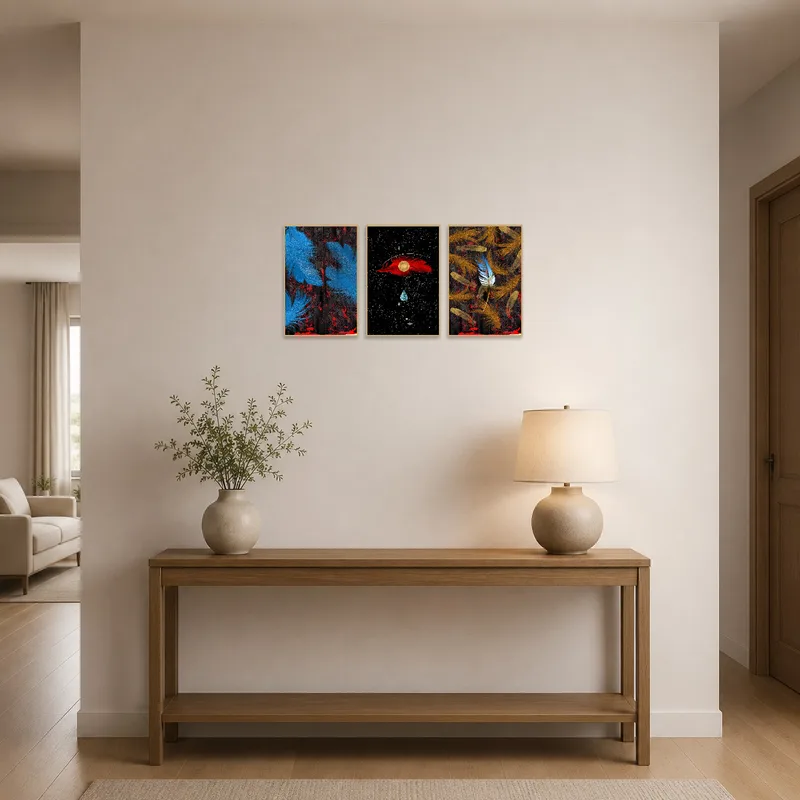 Cosmic feather triptych greets guests in a bright entrance hall.