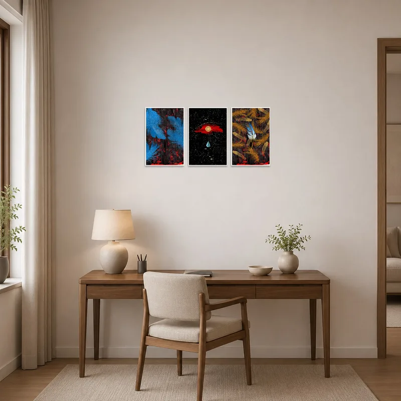 Vivid feather art brightens up a contemporary home office.