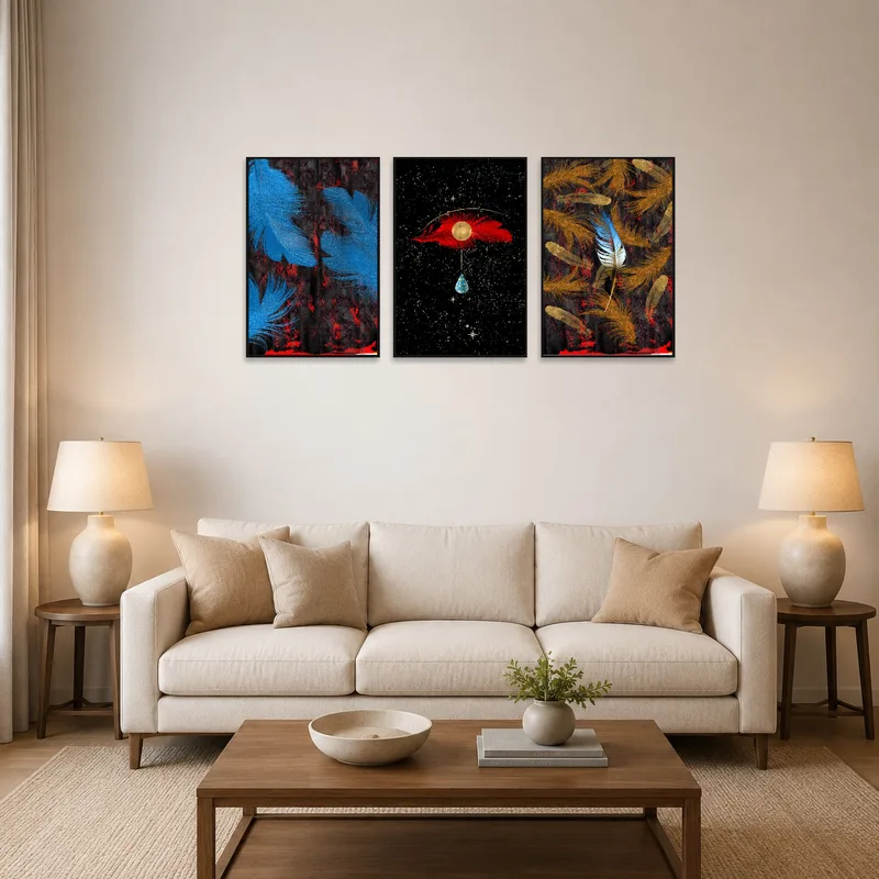 A vibrant triptych of cosmic feathers adds color to a chic living room setting.