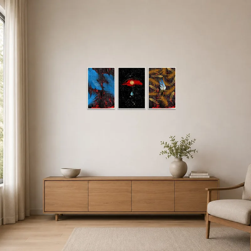 Bold feather artwork provides a striking contrast in a minimalist space.