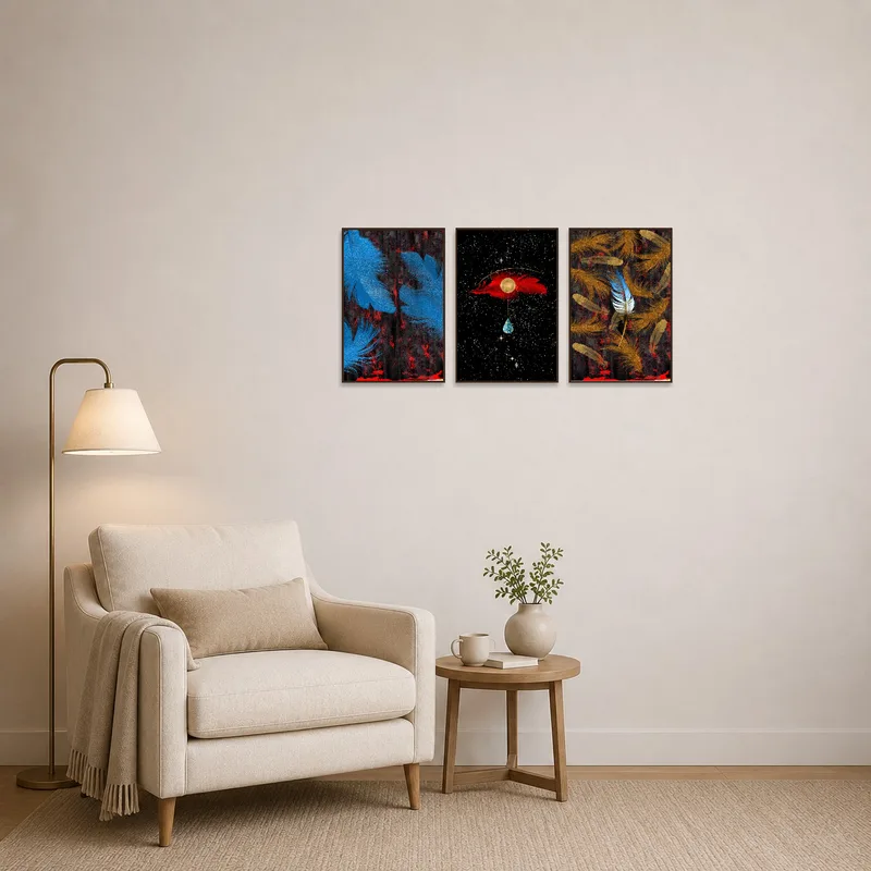 The colorful feather triptych energizes a cozy reading corner.