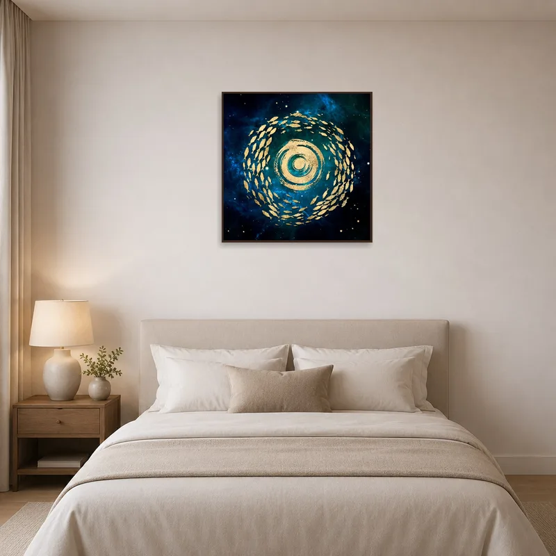 Bedroom highlighted by a celestial blue nebula with gold fish swirl.