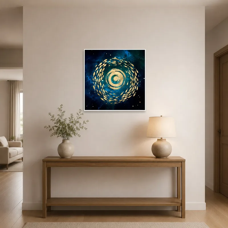 Entrance hall featuring a cosmic swirl of gold fish against a blue nebula.