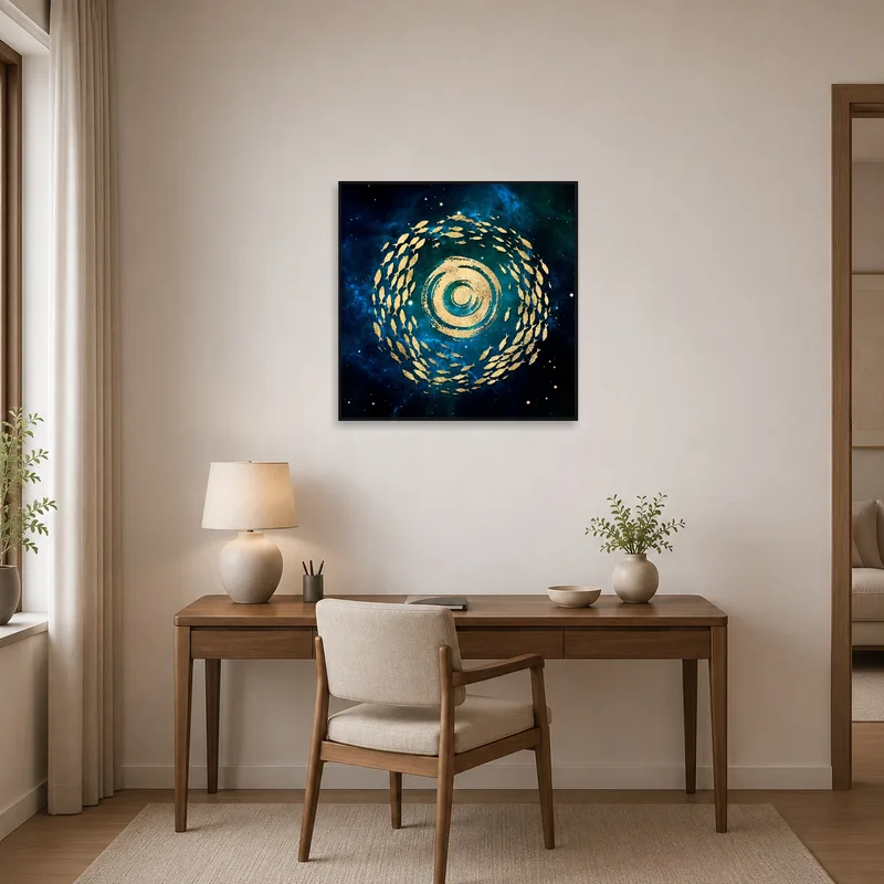 Home office showcasing a captivating gold fish swirl on a blue nebula backdrop.