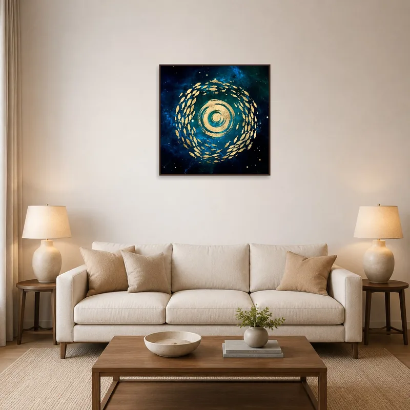 Whimsical gold fish swirl painting adds vibrant touch to a living room wall.