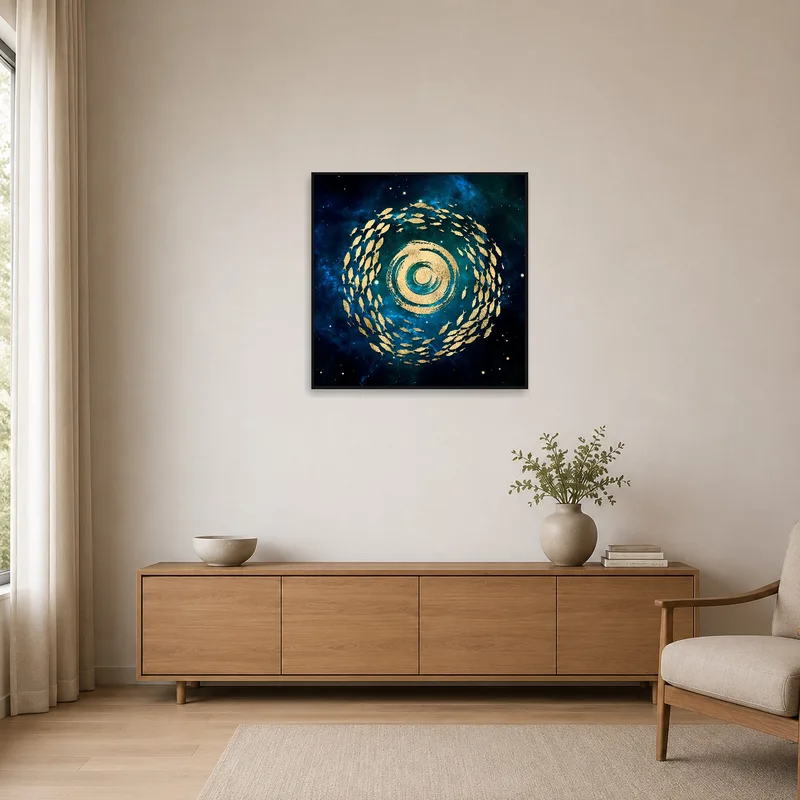Minimalist room with a blue nebula artwork featuring a gold fish swirl.