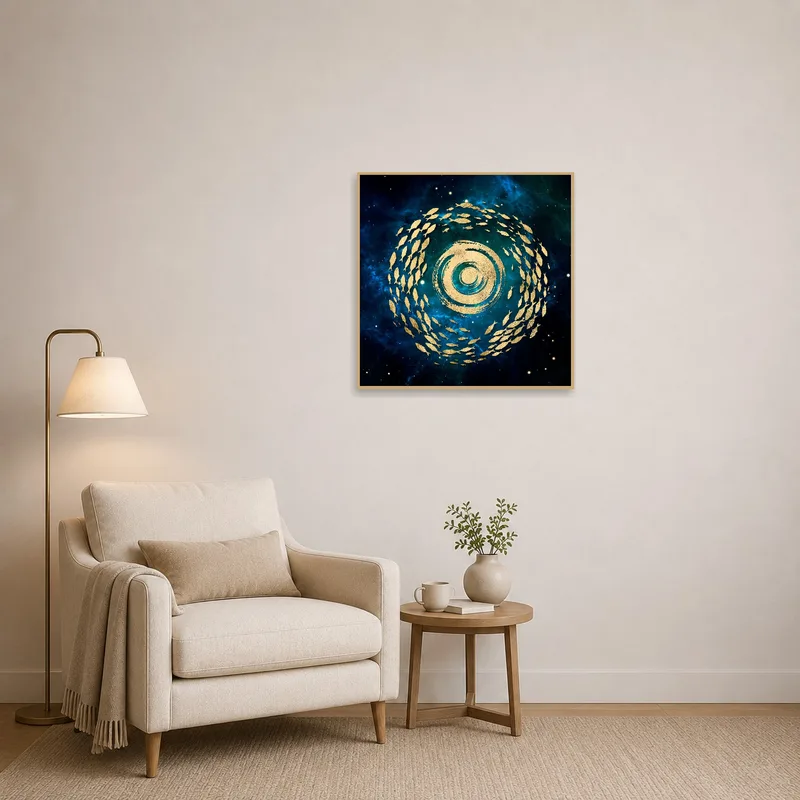 Reading corner adorned with a cosmic theme painting of swirling gold fish.
