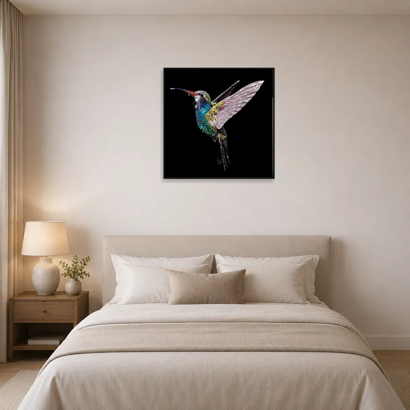 Bedroom space gains a touch of nature with a crystalline hummingbird art.