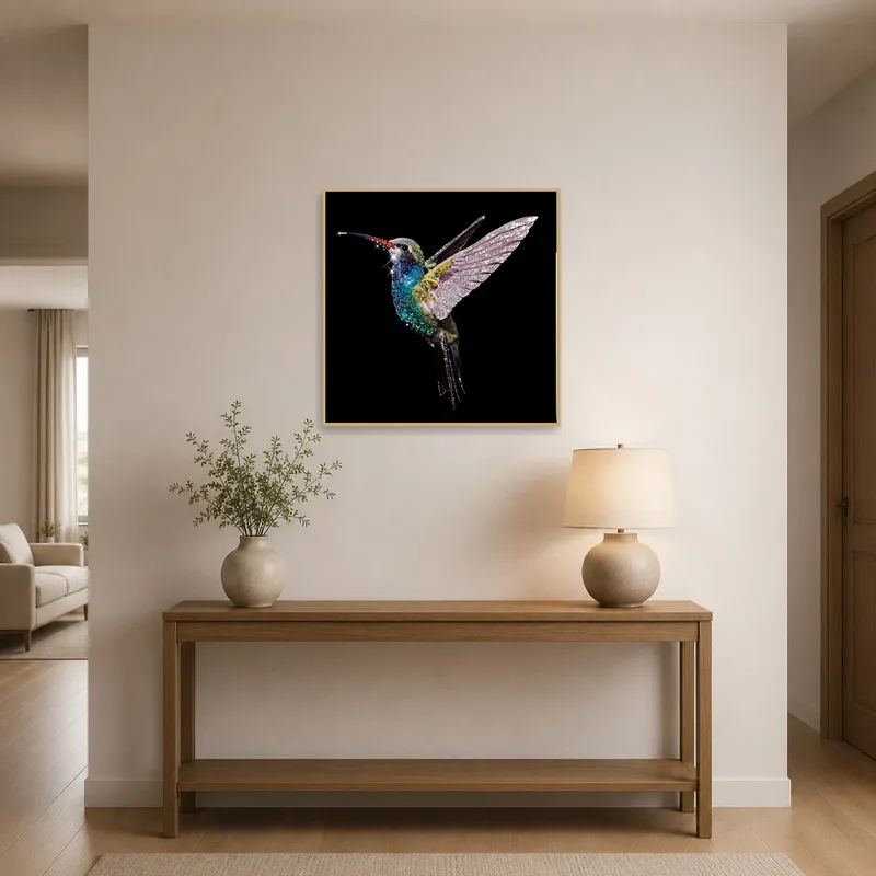A vibrant hummingbird art welcomes guests in an elegant entrance hall.