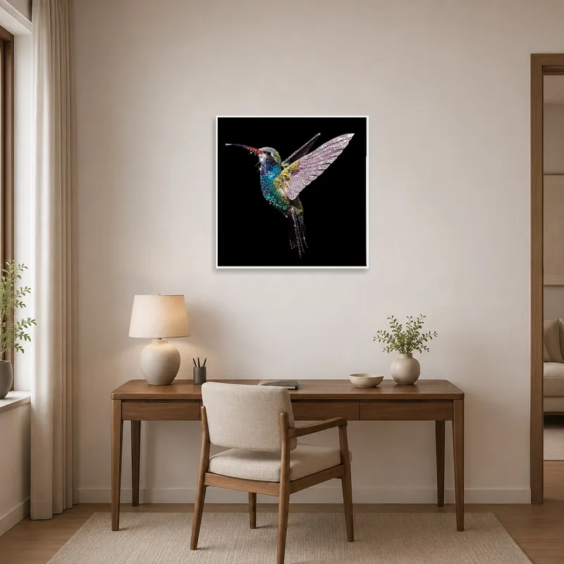 Home office features a stimulating hummingbird artwork for inspiration.