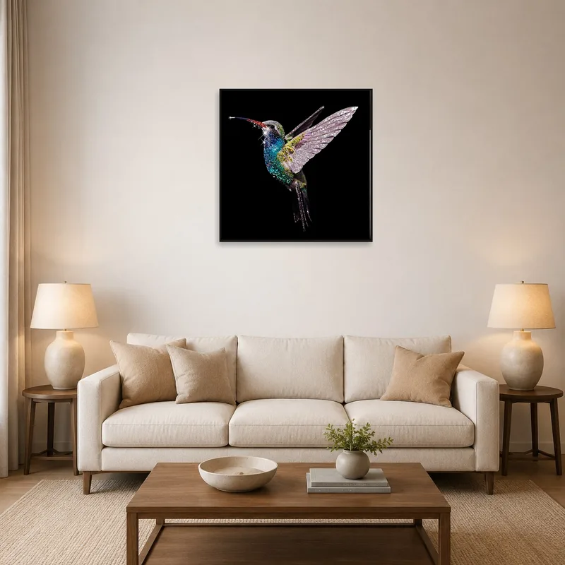 Crystalline hummingbird art adds elegance to a chic, modern living room.
