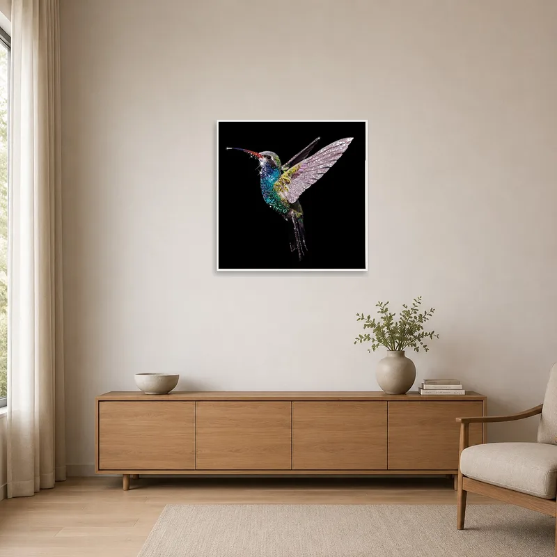 Minimalist room enhanced by a simple yet striking hummingbird piece.