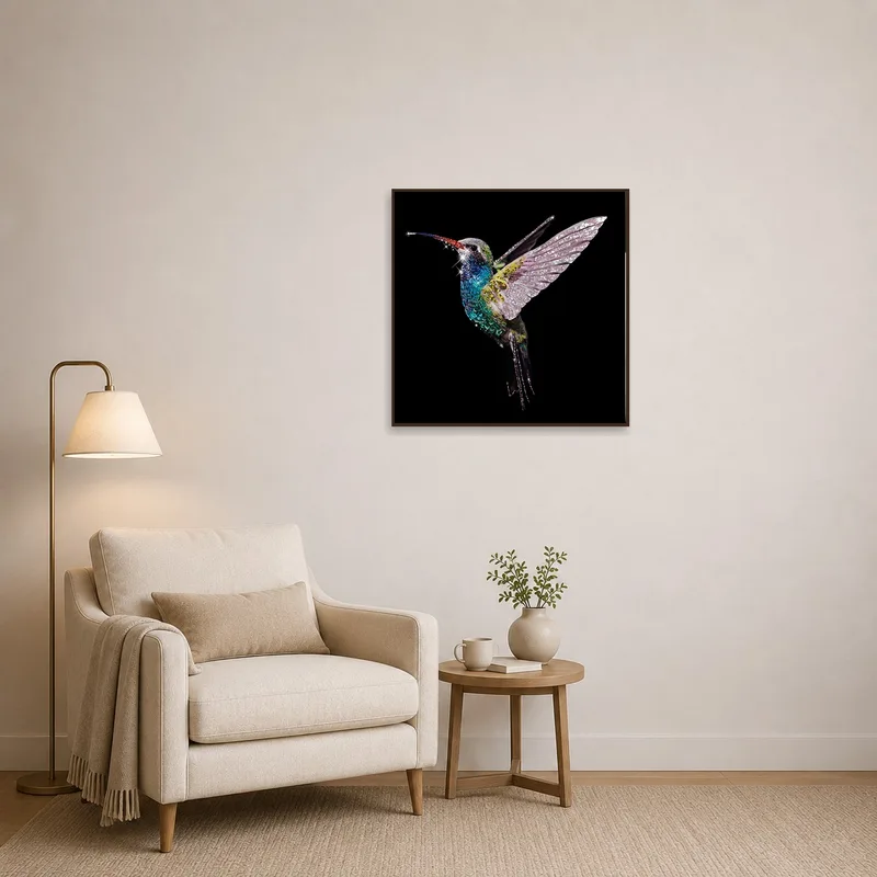 Serene reading corner brightened by a colorful hummingbird art.